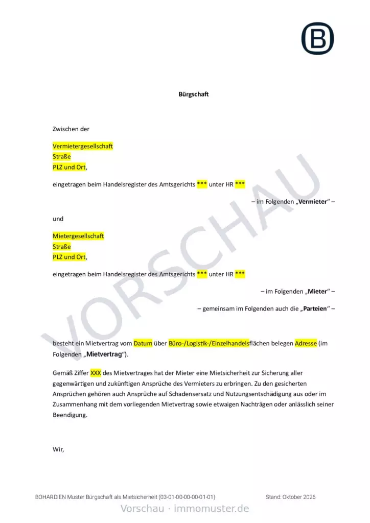 Bürgschaftsmuster, Seite 1 (Beispielseite)