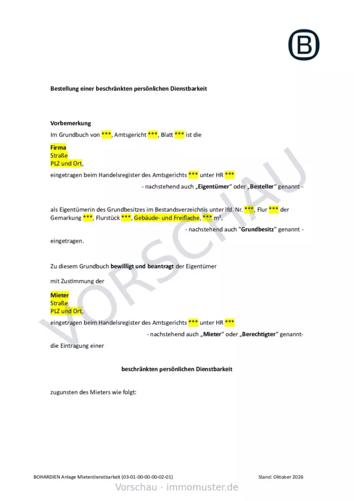Muster Mieterdienstbarkeit, Seite 1 (Beispielseite)