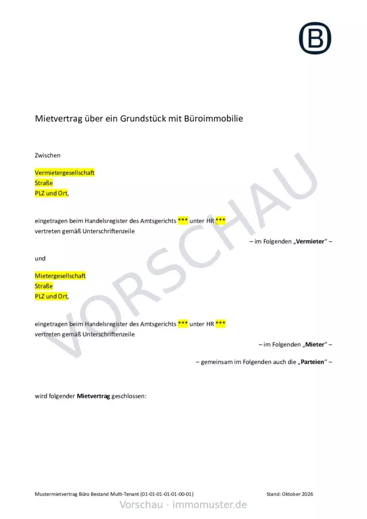 Mietvertrag, Seite 1 (Beispielseite)