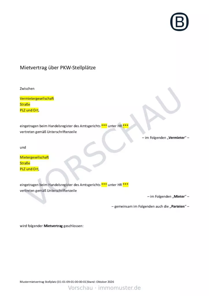Mietvertrag, Seite 1 (Beispielseite)