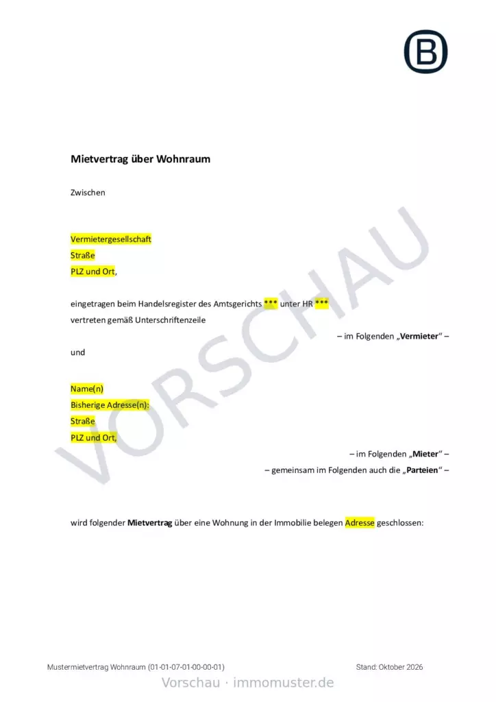 Mietvertrag, Seite 1 (Beispielseite)